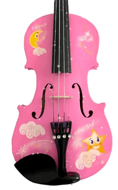 Pink Twinkle Star Violin Outfit - 4/4 w/ Brazilwood bow, case, Crystal tailpiece, crystals on stars, rosin, strings, set-up image 1