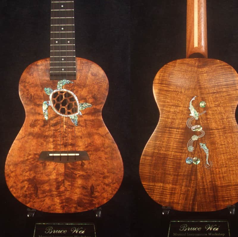 Handcrafted Concert Ukulele, Solid Curly Hawaiian Koa, Turtle, Koi Fish Inlay, Soft-bag, Bruce Wei UG15-2926 image 1