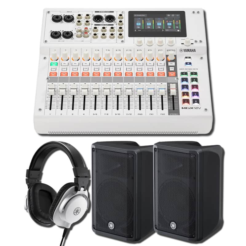 Yamaha MGX12V W 18-Channel Digital Mixing Console All-White On-Camera Studio Bundle with 2 DBR10 10-Inch 700W Powered Speakers and HPH-MT5W White Studio Monitor Headphones image 1