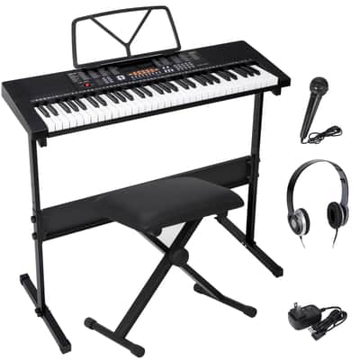 NEW 61 Key Electronic Keyboard Piano Organ with Microphone Stand Stool Earphone 2024 - Black image 1