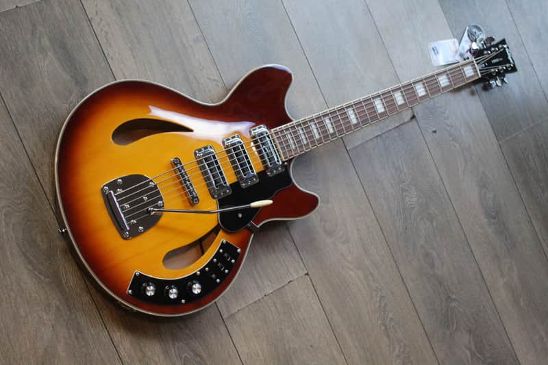 VINTAGE REVO Series 'Custom Supreme' Baritone VI Semi-Acoustic Guitar ~ Tobacco  Sunburst