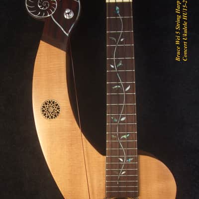 Handcrafted 5 String Harp Style Concert Ukulele, Solid Spruce, Mahogany, MOP Vine Inlay, Bruce Wei HU15-2002 image 3