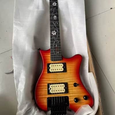 Sunburst Finish Mini Travel Electric Guitar, Tiger Maple Top Mahogany Body, Rosewood Fingerboard Neck image 2