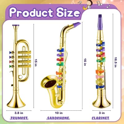 Lewtemi 3-Piece Kids Toy Instrument Set – Saxophone, Clarinet & Trumpet w/ 8 Color-Coded Keys | Music Learning Gift (Gold) image 2