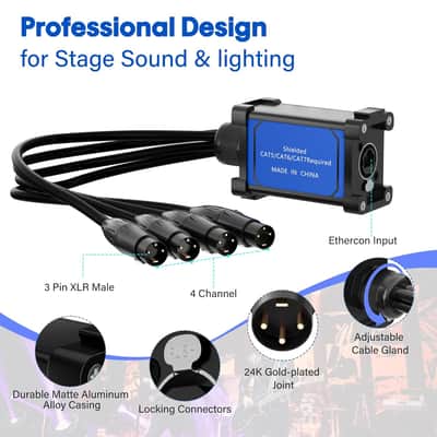 3-Pin XLR Splitter Breakout Box With 2 Ft Patch Cable to RJ45 Ethercon-4 Channel&1 Pair-XLR/DMX/AES Terminator Snake Over Cat 6 Ethernet Adapter for Stage Sound,Lighting,Audio Recording Studio& image 3