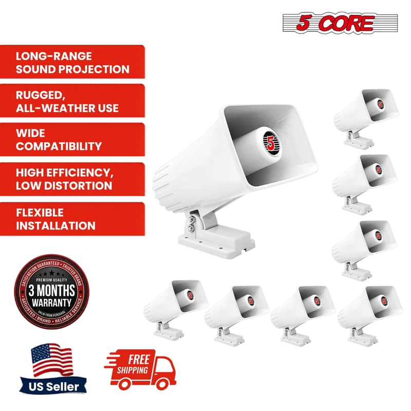5 Core 6 Inch PA Horn 200W Loud Speaker 8Pcs Bull Horn Loud Audio 8Ohm All Weather Indoor Outdoor Use Bracket and Hardware Included - HW 405 WH 8PCS image 1