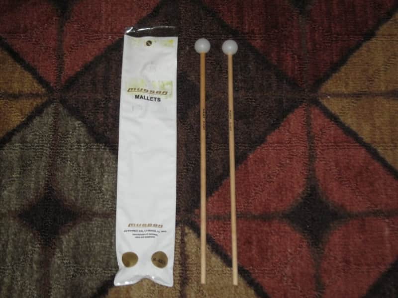 ONE pair new old stock (with packaging) Musser M4225 Mallets, white 1" medium-hard poly-ball head with birch handles -- recommended use is for bells or xylophone (from around 2019) Made in USA image 1