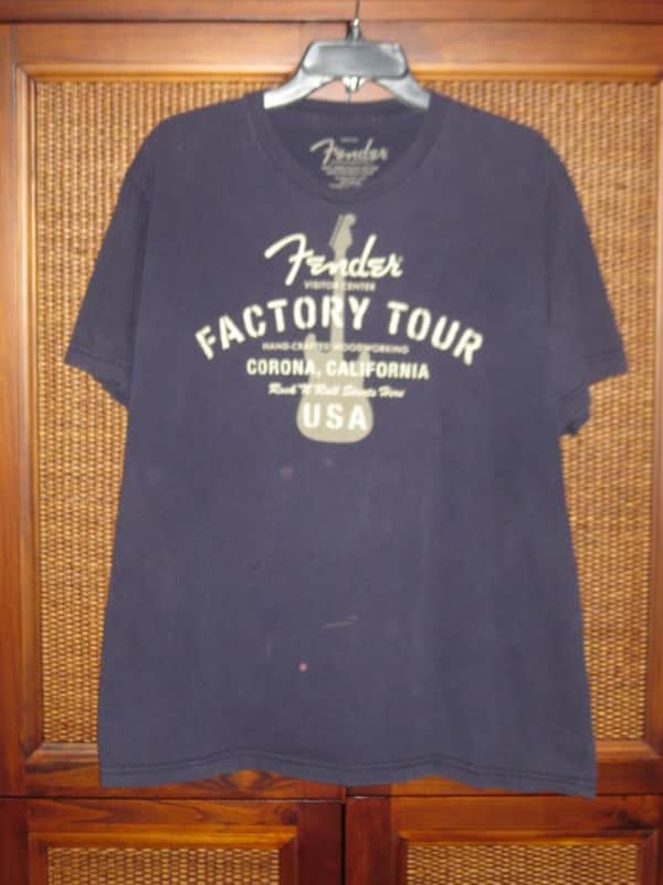 pre-owned / worn genuine Fender - Fender Factory Tour (Corona, California USA) - short sleeve T-Shirt, Men's X-Large (XL) Navy Blue with Creme & Gray Graphic, 100% preshrunk cotton, late 2000s to early - mid 2010s image 1