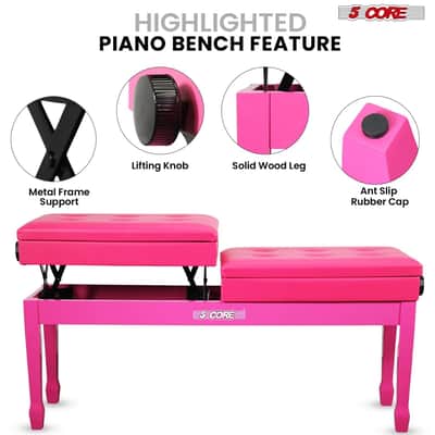 5 Core Duet Piano Bench 3.5 Inch Padded Cushioned Stool Wooden Heavy Duty Musician Chair Height Adjustable Double Keyboard Seat w Storage Nonslip Cherry - PNB DT CHERRY-Cherry image 4