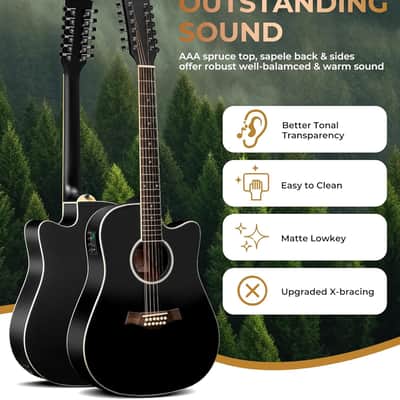 12 String Guitar Acoustic Electric, Upgraded Guitar 12 Strings Bundle for Beginner Intermediate Adults Teens, Guitarra de 12 Cuerdas, Spruce Top Bone Nut, Black, Matte image 2