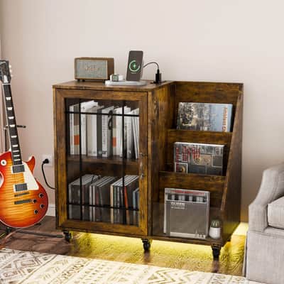Record Player Stand – Holds Up to 300 Albums with Power Outlets, USB Ports & 7-Color LED Lighting image 1