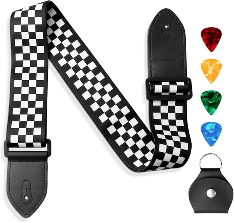 Black & White Checkered Guitar Strap w/ Leather Pick Holder & 4 Picks for Acoustic Electric Bass Guitar image 1