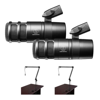 Audio-Technica AT2040 Hypercardioid Dynamic Podcast Microphone (Pair) Bundle with 2x 2-Section Broadcast Arm Internal Spring-XLR
