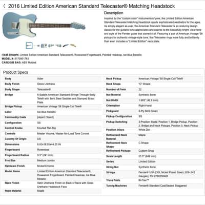 Fender Fender American Telecaster Limited Edition w/ Matching Headstock 2016  - Ice Blue Metallic image 10