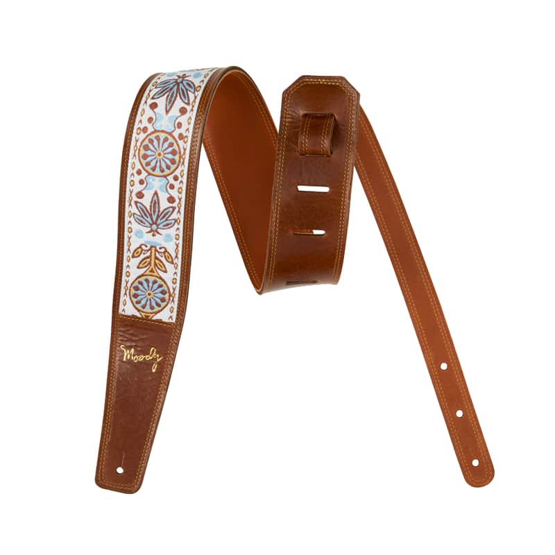 2.5" - Hippie Series - Leather Backed Guitar Strap - Light Brown/Brown/White Floral Extra Long (adjusts from 53" - 60") + $30.00 image 1