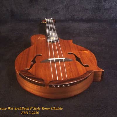 Handmade F Style Tenor Ukulele, ArchBack, Hawaiian Koa & Mahogany, Floral Inlay, Soft-bag, Bruce Wei FM17-2036 image 8