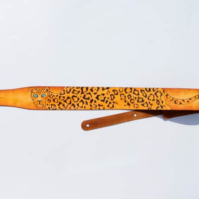 burnyblack custom made guitar strap leather - leopard pattern 1 yellow image 9