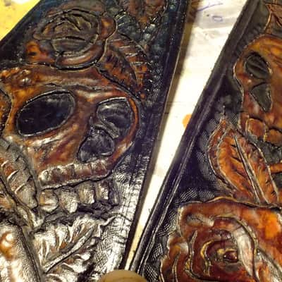 Well-Hung "The Gunfighter"  Hand-Carved / Tooled Leather Cowboy Grunge guitar strap, padded image 5