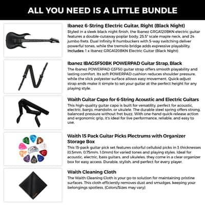 Ibanez 6-String Solid-Body Electric Black Night Guitar, Right Handed Bass Bundle image 2