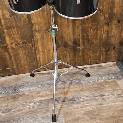 Vintage Late 1970s Ludwig Black Cortex Concert Toms 6.5x10 & 8x12 w/ Ludwig Double Tom Stand Blue & Olive Badges image 7