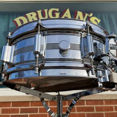 1960s Rogers 5x14 Dyna-Sonic 5-Line Snare Drum Chrome Over Brass Dynasonic COB image 4