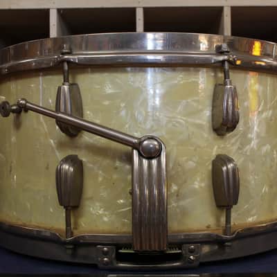 1940s Slingerland 7x14 Radio King Snare Drum in White Marine Pearl image 4
