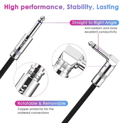 10FT 2 Pack Instrument Cable - Electric Guitar & Bass Guitar Cable with Right Angle 1/4 Inch Connector, Black image 6