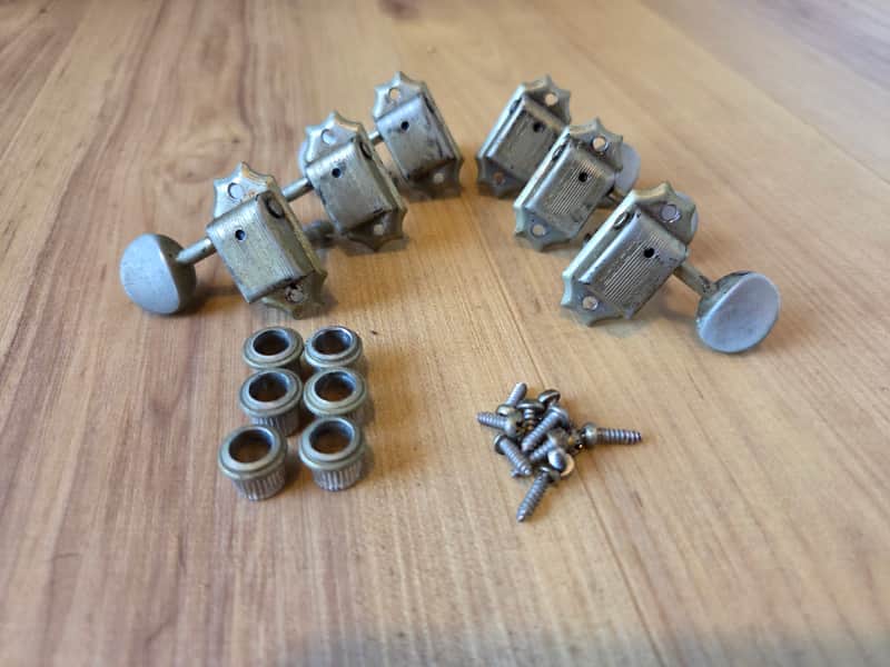 Set of Vintage 1960's Kluson Double Line, Metal Button 3 x 3 Guitar Tuners w/ Ferrules, Screws! image 1