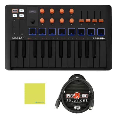 Arturia MiniLab 3 25 SlimKey Controller Bundle with 3ft Pig Hog MIDI Cable & Polishing Cloth– Orange, USB-MIDI Keyboard, 8 RGB Pads, 8 Encoders, Faders, DAW Integration, Software for Music Production