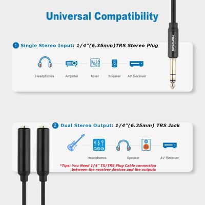 1/4" Splitter Cable, TRS to Dual 1/4" TRS Stereo Y Adapter, Gold-Plated Connectors, High-Fidelity Sound, Durable Aluminum Alloy Shell for Studio, DJ, Headphones, Live Sound Systems - 1.6Ft image 4