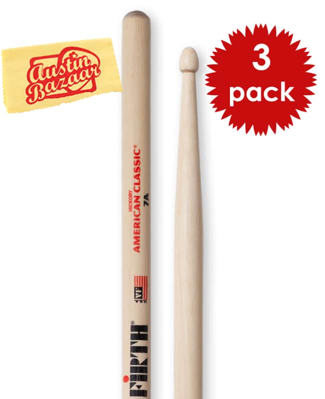 Vic Firth 7A American Classic Drum Sticks - 3 Pairs with Austin Bazaar Polishing Cloth image 1