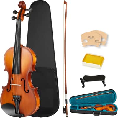 Violin 4/4 Full Size Kit For Beginners - Hand Carved Acoustic Violins Set - Fiddle Solid Wood Kit with Hard Case, Bow, Rosin, Shoulder Rest, Bridge and Extra Strings image 1