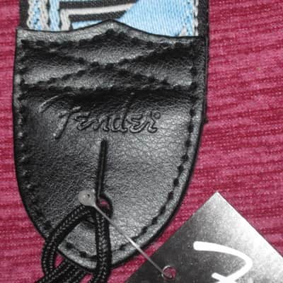 new with tags genuine Fender 2" Monogrammed Guitar Strap Black, Light Gray, and Light Blue - Fender part number: 099-0681-502, Fully adjustable length (39"-72") Woven Fender logo and guitar headstock design, polyester backing, black leather ends image 4