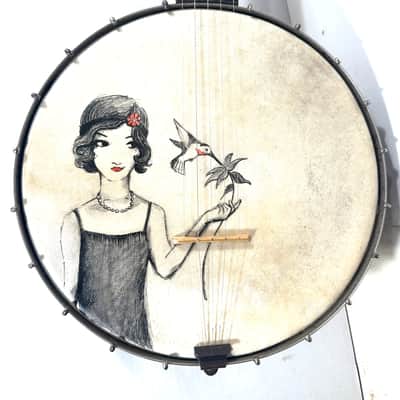 Old 5 string banjo with a painted head The Flapper and the Hummingbird 1930s - Wood and calf skin image 1
