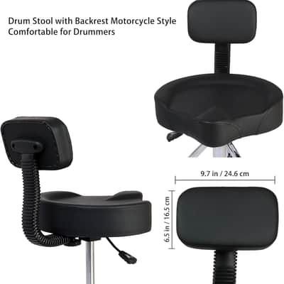 Drum Throne with Backrest Padded Hydraulic Drum Chair Height Adjustable Drum Stool with Stable Bass Comfortable Memory Foam Saddle Drum seat for Adult Drummers Guitar Players, Black image 2