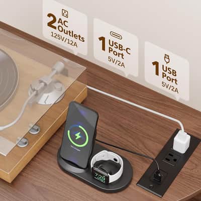 31.5" Mid-Century Record Player Stand w/ Power Outlet & 100+ Vinyl Record Storage – Walnut image 4