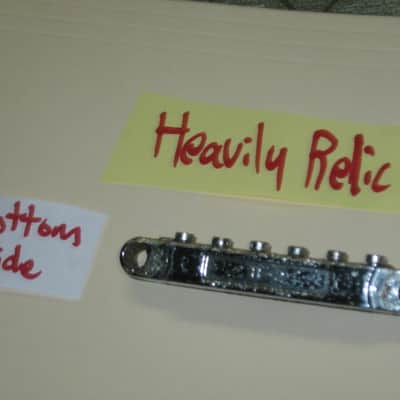 visibly used / relic'd real player's wear Epiphone B-2 metric ABR-1 vintage style bridge CHROME, large posts mounting pieces (NO anchors) early 2000s (for some import guitars that use this style bridge) will NOT fit on Gibson - mounting holes are too big image 14