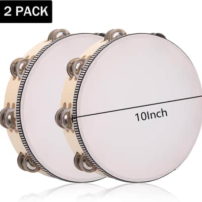 2Pack 10 Inch Double Row Tambourine for Adults Wooden Hand Held Drum Bell Tambourine with Metal Jingles, Percussion Musical Instruments Hand Tambourine for Church, KTV, Party image 2