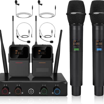 4-Channel Wireless Microphone System,UHF Cordless Mic Set w/ 4x10 Frequencies, 200ft, 2 Handheld Dynamic Mics, 2 Bodypacks & Headset/Lapel Microphones for Singing, Karaoke, DJ image 1