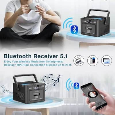 Bluetooth 5.1 CD & Cassette Boombox – Rechargeable 5000mAh Portable Stereo with FM, USB, TF & Remote image 3