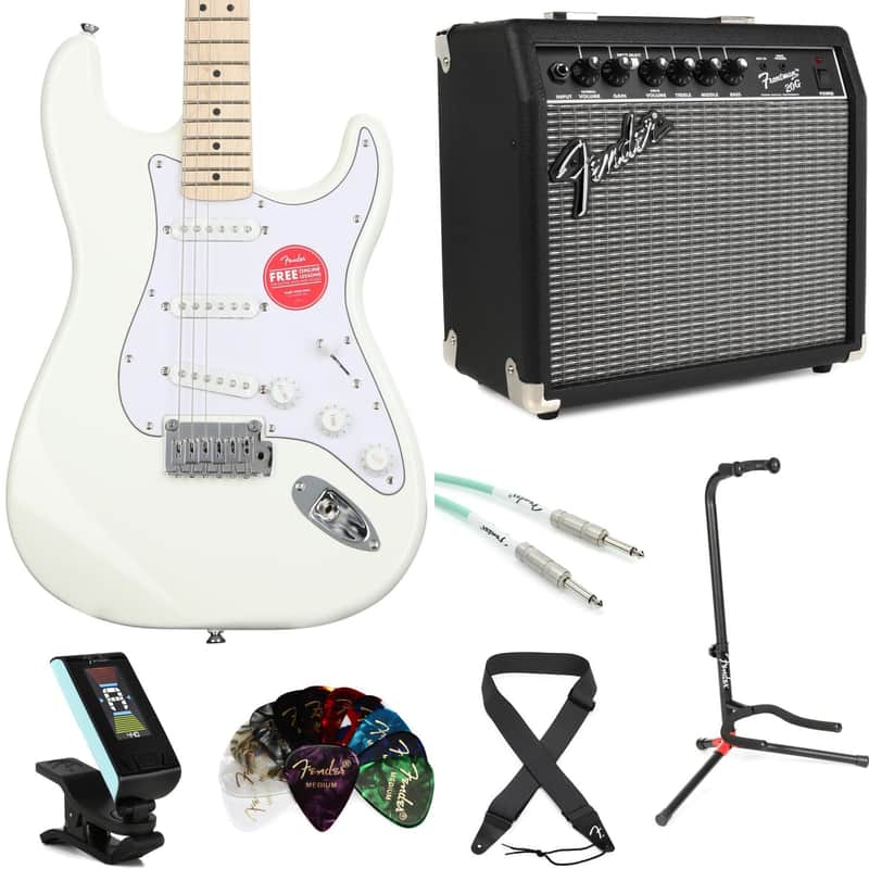 Squier Affinity Series Stratocaster Electric Guitar and Fender Amp Bundle - Olympic White with Maple Fingerboard image 1