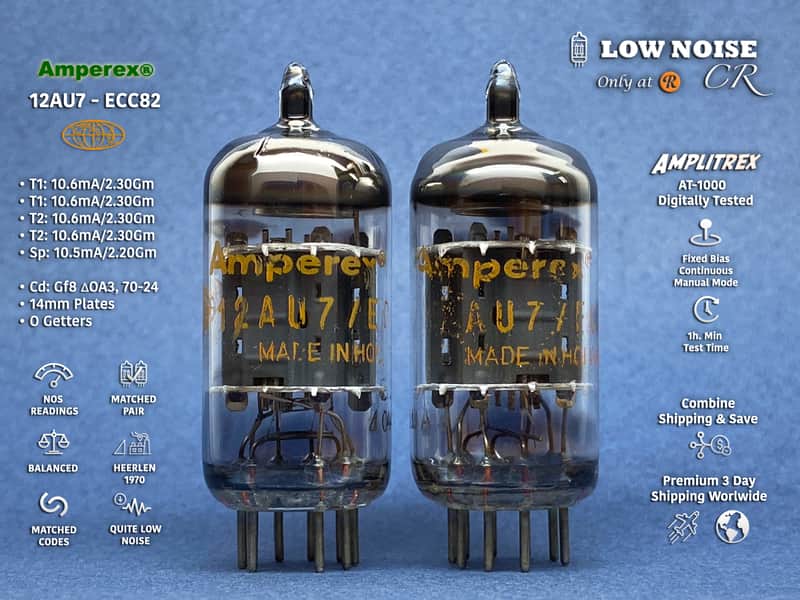 Amperex 12AU7 ECC82 • 1970 • 100% MATCHED & BALANCED Gm & mA Pair • Strong NOS • Orange Globe • Philips, Heerlen ΔOA3 MATCHED CODES • Amplitrex AT-1000 Digitally Tested • Quite Very Low Noise • A-01-02 image 1
