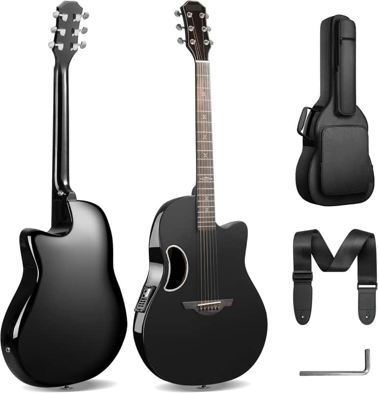 Acoustic Electric Guitar Kit - 41” Carbon Fiber Adult Beginner Set with Bag and Strap Built-In Pickup Rich Resonance & Warm Tone for Performance Ready, High-Gloss Black Finish image 1