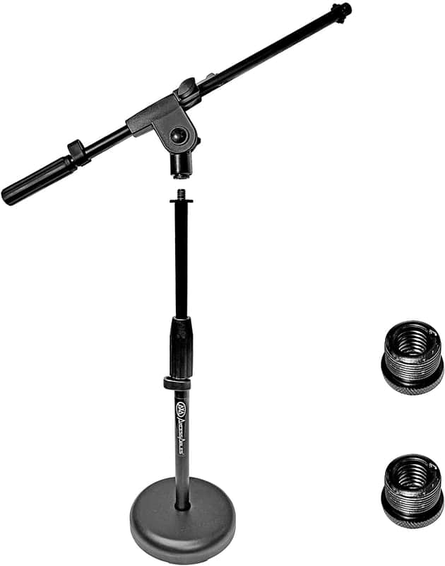 AxcessAbles MS-202R Low-Profile, Weighted Round Base Microphone Stand with Boom, Mic Clip and 3/8" to 5/8" Screw Adapter for Kick Drums, Guitar Amps, Blue Yeti and Blue Snowball image 1