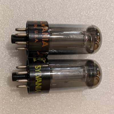 6V6GTA Sylvania NOS NIB Matched Pair Tubes Gray Glass Black Plate Silver Tops Top Halo Getter image 4