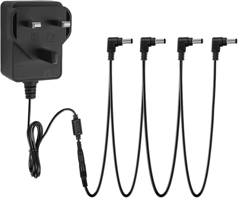 SPA-10 Guitar Pedal Power Supply Adapter (1000mA -1A) AC DC 9V with 4 Way Daisy Chain Pedal Cables, Compatible for Most Effect Pedals (Tip Negative), Black image 1