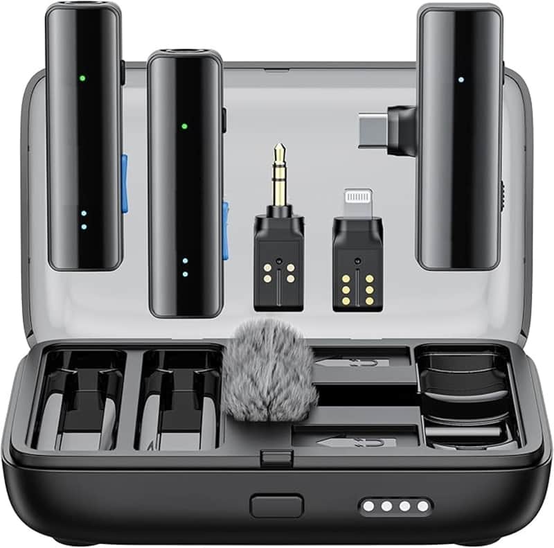 2 Wireless Lavalier Microphone for iPhone Camera Android, Mini Lapel Micophone Wireless, 48 KHz 24 Bit, 6mm Mic, 1000ft, 30h Use, Noise Cancelling, Clip on Mic USB-C/Lightning/3.5mm TRS image 1