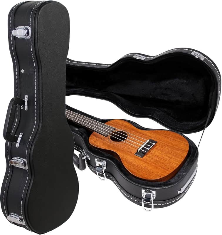 Wooden Concert Ukulele Case with Exterior Lock and Key, PVC Handle, and Plush Interior Padding - Black image 1