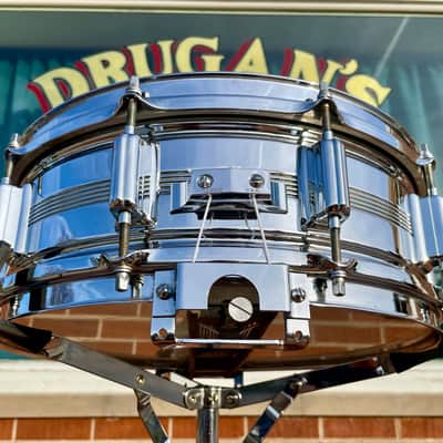 1960s Rogers 5x14 Dyna-Sonic 5-Line Snare Drum Chrome Over Brass Dynasonic COB image 9