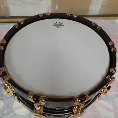 Premier 75th Anniversary Signia 14x5.5" 10-Lug Maple Snare Drum with Wood Hoops, Gold Hardware 1997 - Ebony image 14